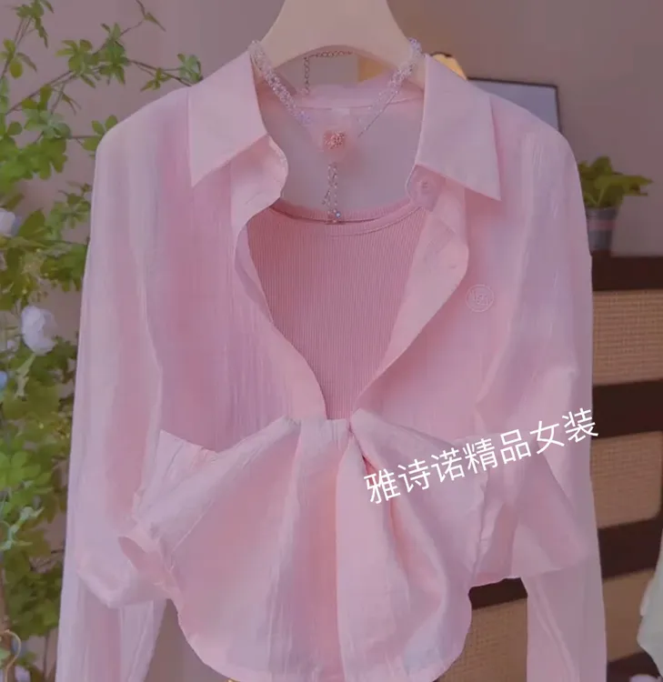 POLO领长袖防晒衬衫女2025夏季时尚洋气百搭薄款透视衬衣吊带套装