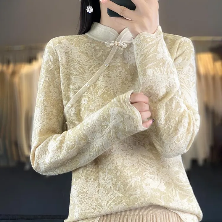 2023秋冬新款盘扣旗袍领纯色套头针织衫女国风气质休闲长袖毛衣潮