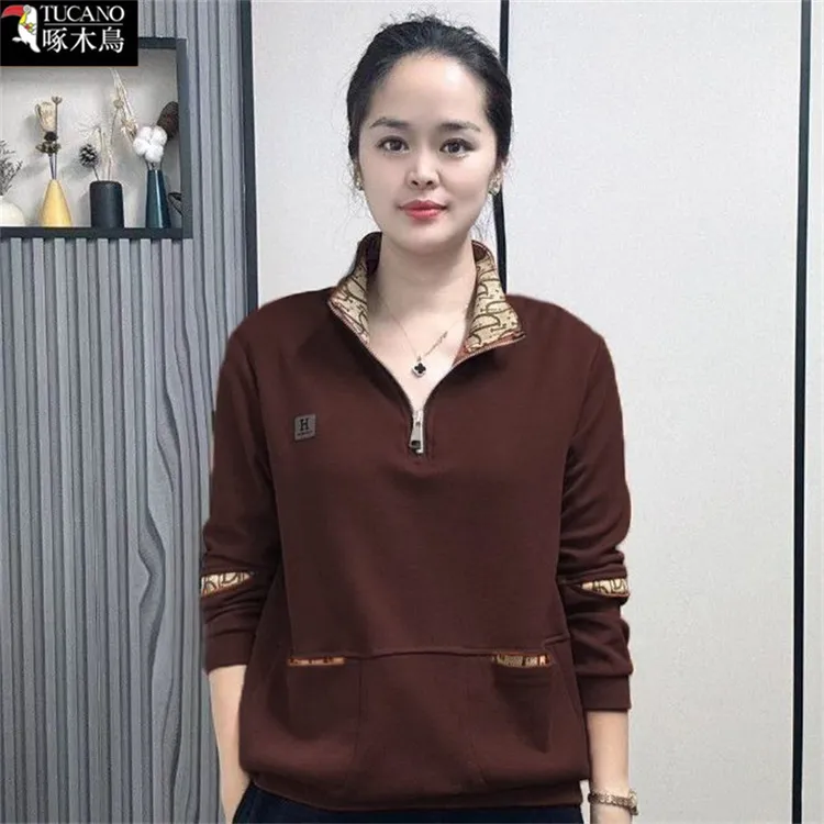 啄木鸟正品春秋季长袖时尚百搭卫衣女士新款韩版网红拼接翻领上衣