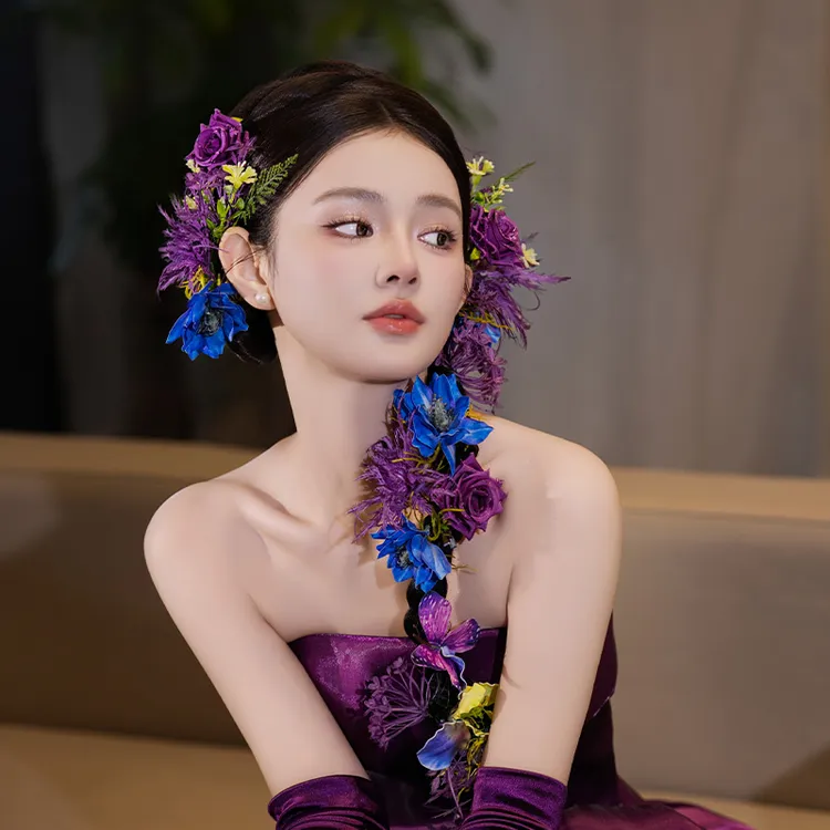 合金布艺婚庆饰品 新中式新娘紫色花朵减龄深色氛围感发饰MC1102
