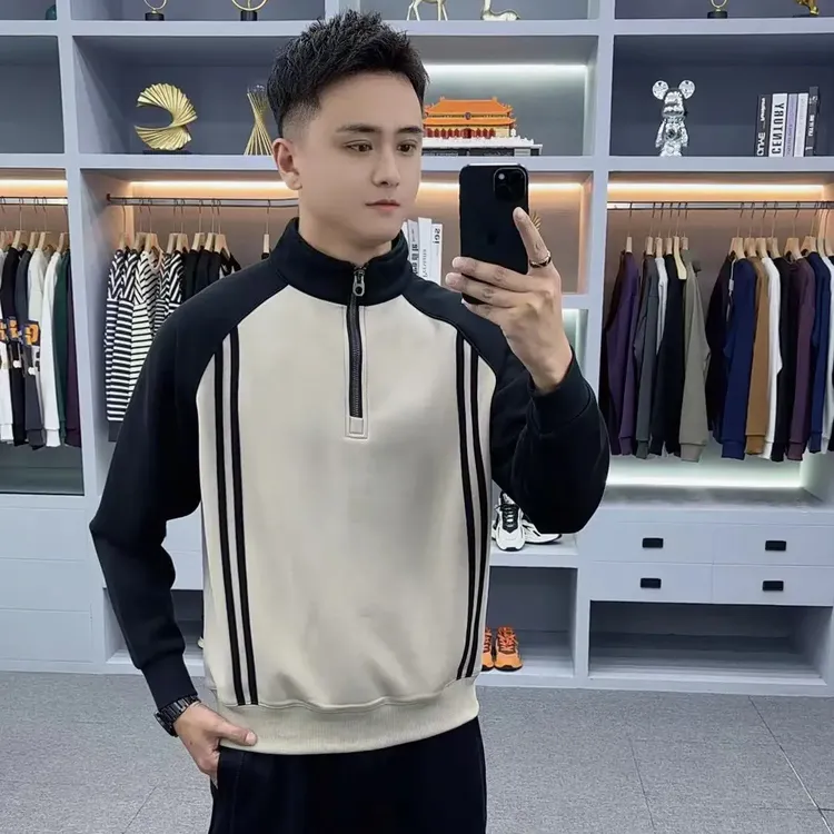 半拉链加绒加厚卫衣男冬季2025新款潮拼接立领上衣男士打底衫