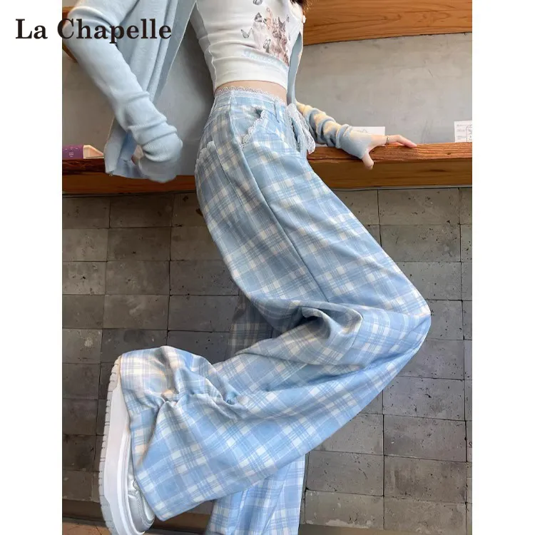 拉夏贝尔格子阔腿裤女2025春夏新款蕾丝设计感高腰垂感褶皱拖地裤