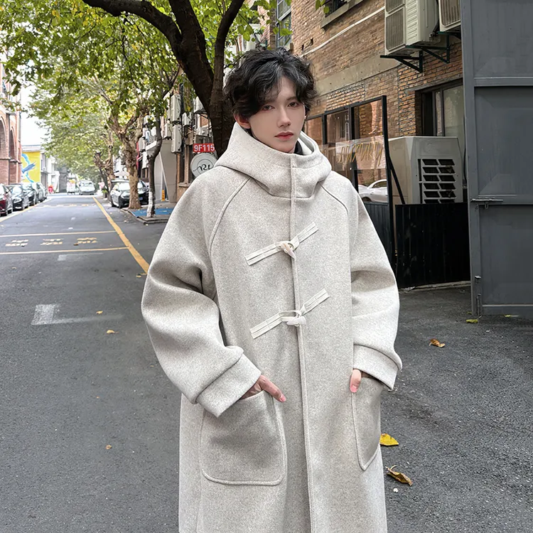 连帽毛呢大衣男士秋冬季设计感中长款风衣潮流宽松牛角扣呢子外套