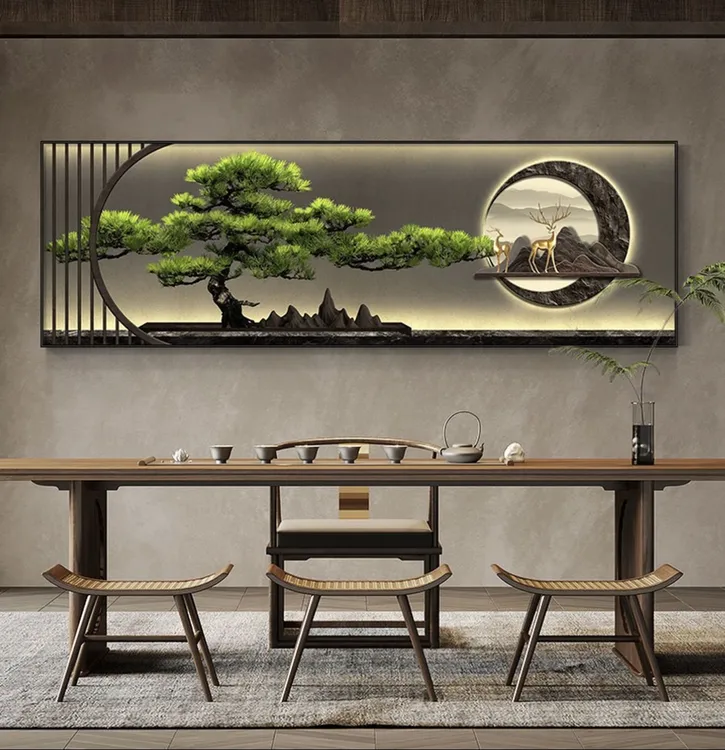 迎客松新中式茶室背景墙装饰画办公室沙发壁画侘寂风客厅挂画大气