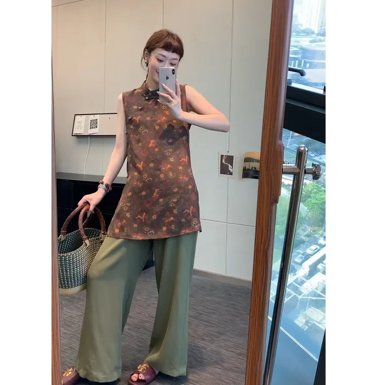 新中式立领盘扣背心马甲女中长款2025夏季新款高级感印花无袖上衣