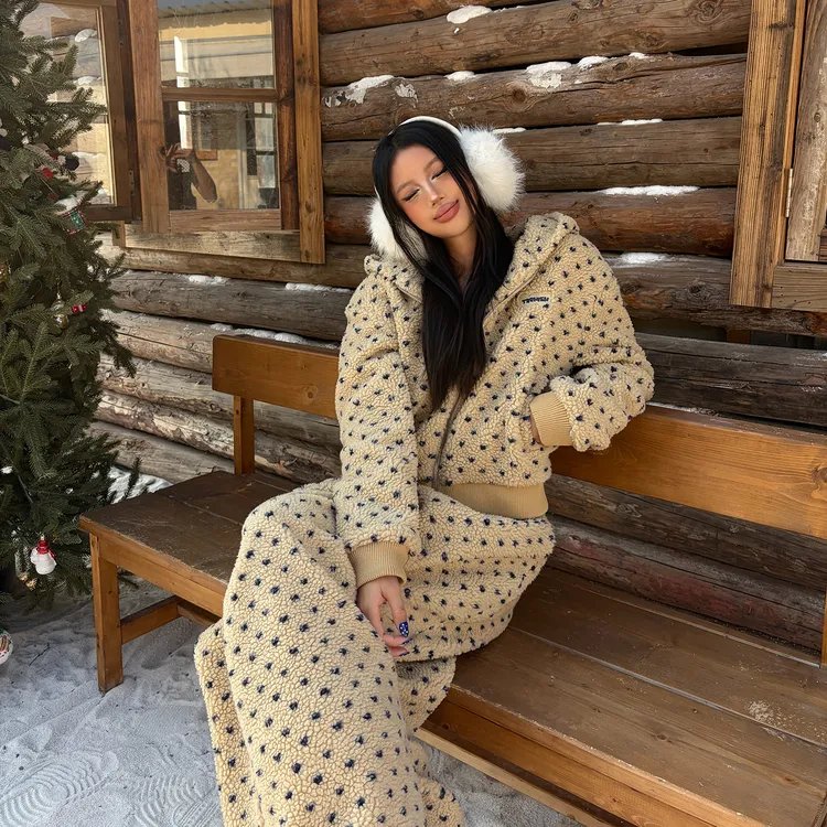 TOOHIGH 韩系羊羔绒小碎花连帽外套女冬季慵懒感百搭阔腿棉裤套装