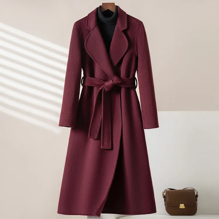 安克拉紫双面羊绒大衣女长款2025新款修身显瘦西装领羊毛呢外套