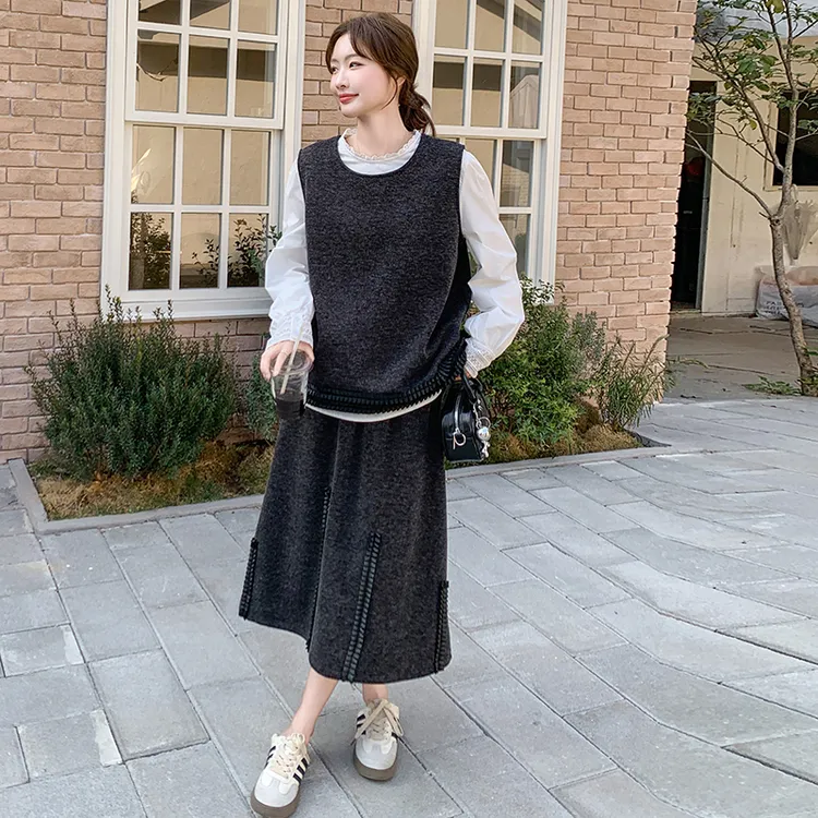 韩系氛围感三件套女2025秋季新款花边拼接马甲衬衫高腰半身裙套装