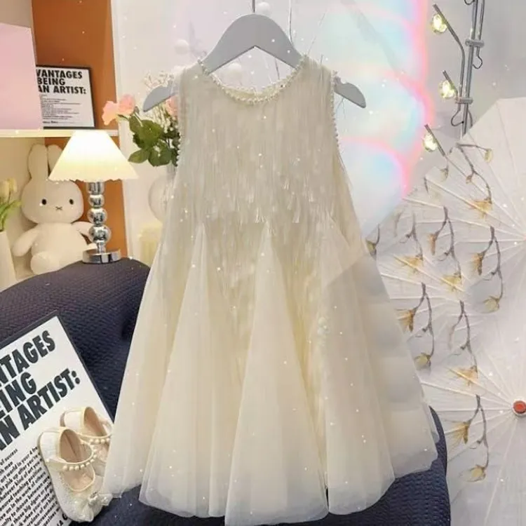 女童连衣裙夏季2025新款洋气儿童珍珠流苏背心裙女孩礼服气质纱裙