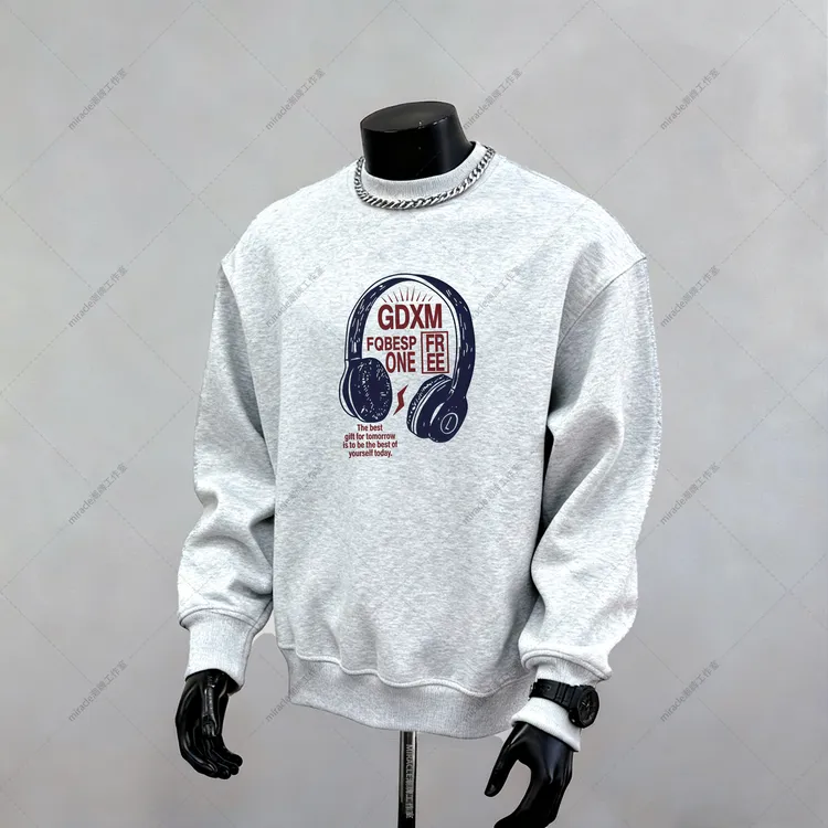 加绒加厚冬季白色圆领卫衣潮流GDXM耳机印花套头内搭保暖打底长袖