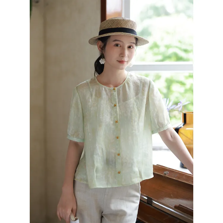 红念绿色天丝苎麻衬衫女短袖宽松休闲夏季2025新款女装气质上衣