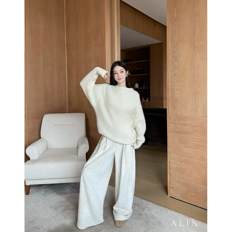 阿琳ALIN【云朵慕斯】秋冬羊驼毛针织衫女宽松圆领套头毛衣AL5OZS24