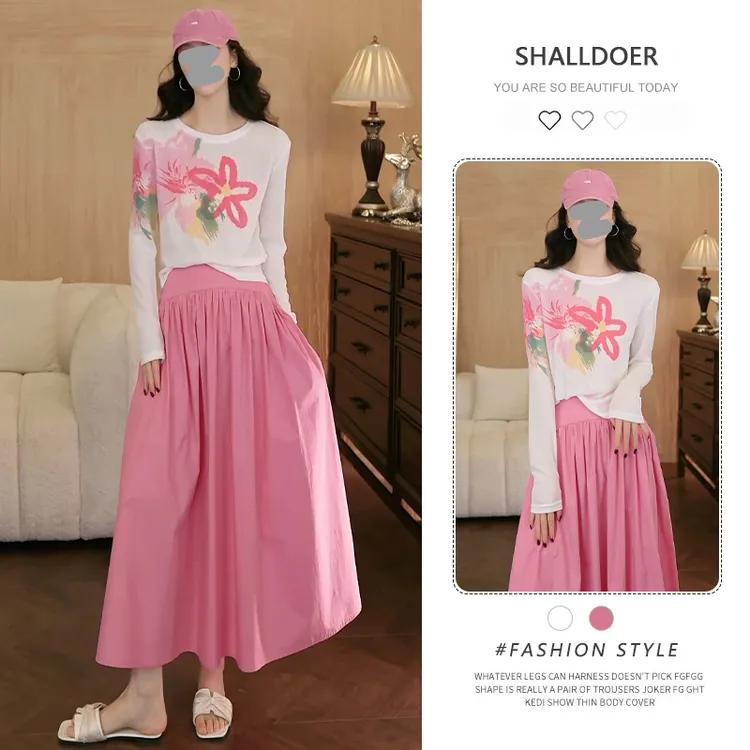 韩版时尚减龄套装女2025夏季新薄款印花防晒罩衫粉色半身裙两件套
