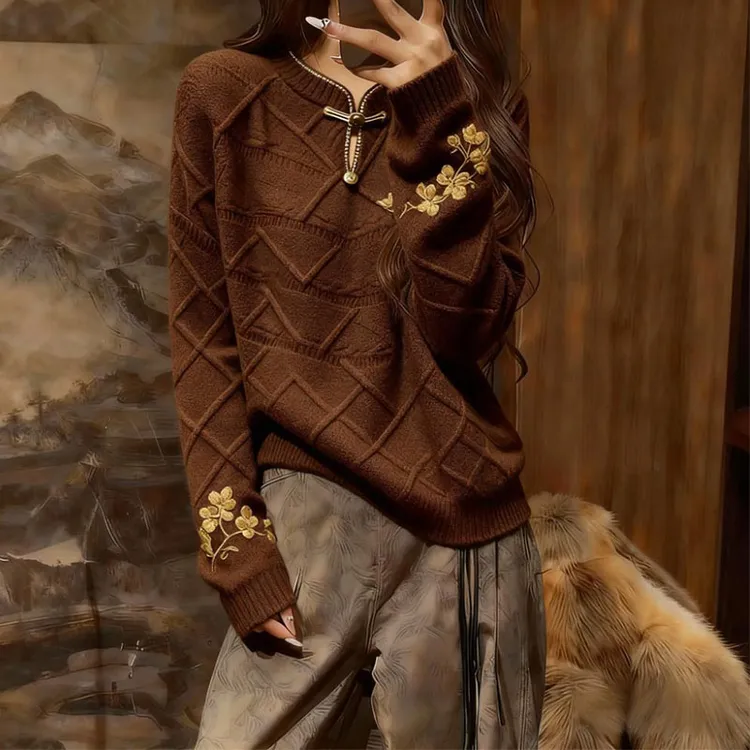 咖色立领长袖针织衫女2025秋冬季新款新中式高端精致绣花大码毛衣