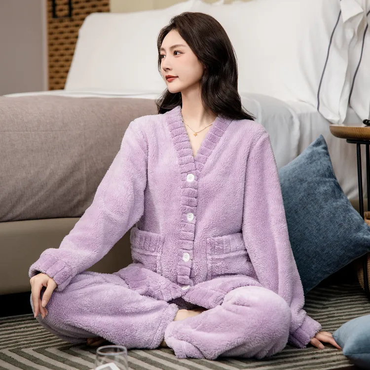 达芬奇密码秋冬款V领法兰绒睡衣加绒加厚大码法兰绒家居服套装女