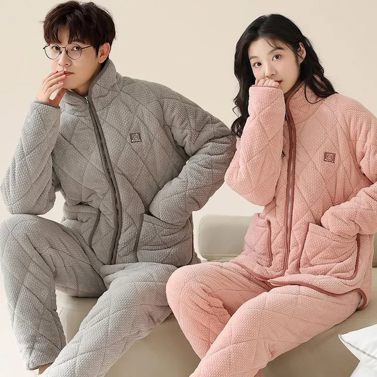 加厚夹棉情侣家居服套秋冬季装法兰绒睡衣开衫加绒男士女士冬天