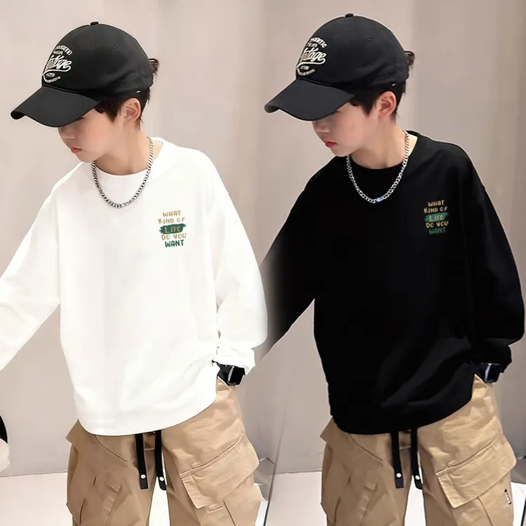 双11儿童纯棉男童打底衫秋冬痞帅简约童装中大童宽松长袖t恤上衣