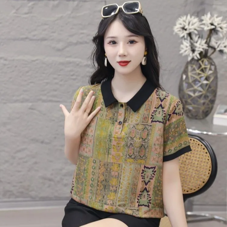 翻领植物花卉方领 V领中老年女装显瘦衬衫小衫宽松气质洋气百搭