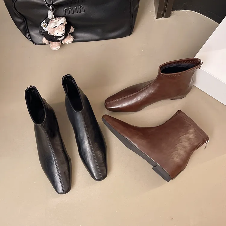 内增高短靴2025秋冬新款韩版简约方头后拉链小猫跟弹力百搭瘦瘦靴