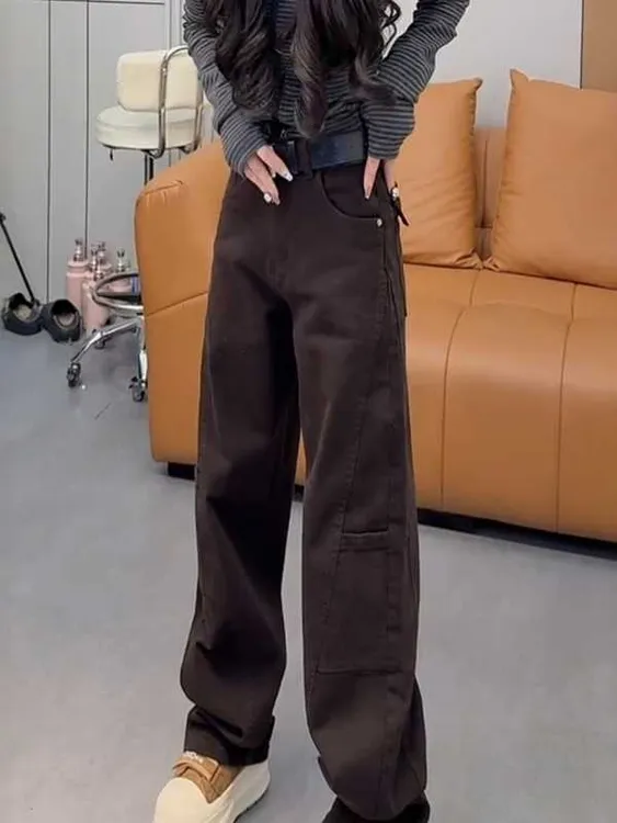 大码显瘦无弹宽松加绒阔腿裤女秋冬新款高腰显瘦复古牛仔弯刀裤子