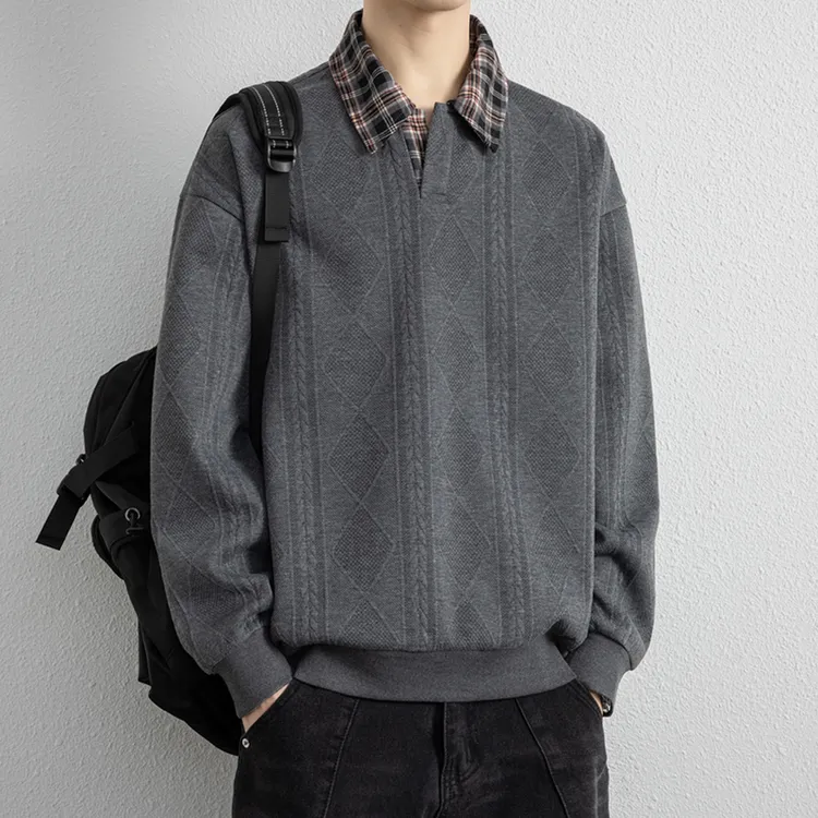 ZAOHAN男士假两件卫衣单穿秋冬新时尚提花衬衫领针织内搭休闲t恤