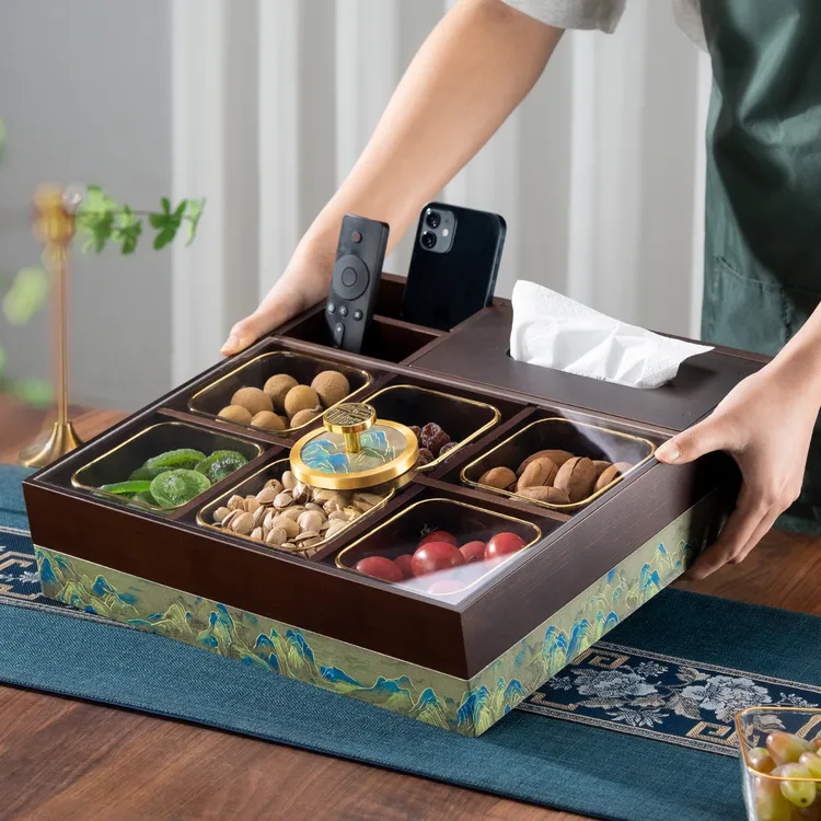 分格干果盒新中式木质家用茶几客厅轻奢商用果盘纸巾零食收纳盒