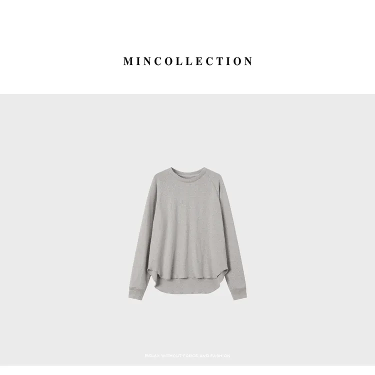 DE Mincollection弧形卫衣/侧开叉插肩薄款全棉休闲圆领卫衣40052