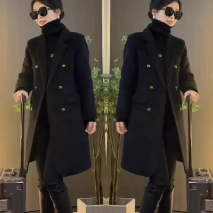 大码时尚外套中长款秋冬气质加厚显瘦加棉休闲百搭宽松毛呢大衣女