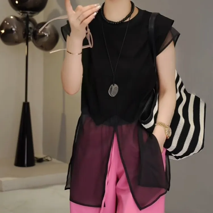 2025夏季时尚拼接短袖上衣百搭圆领假两件T恤LK2503329