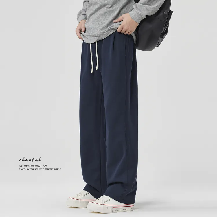 日系简约百搭运动风休闲裤男士2025秋冬款宽松直筒青蓝色抽绳卫裤