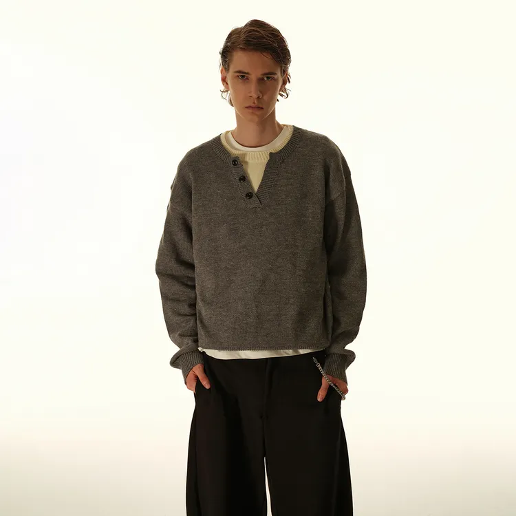 美式复古老钱假两件亨利领毛衣保暖简约慵懒松弛感针织衫外套情侣