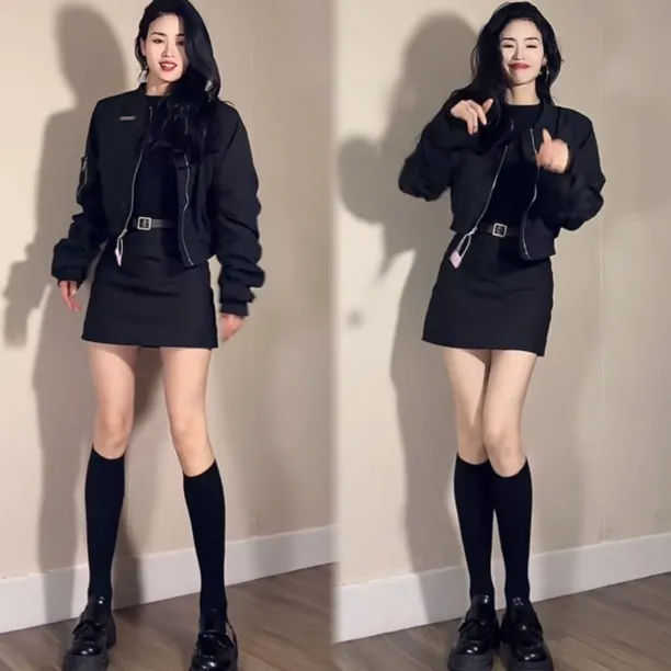 【三件套】洋气酷辣风一整套短款夹克外套+内搭短袖T恤+a字包臀裙女