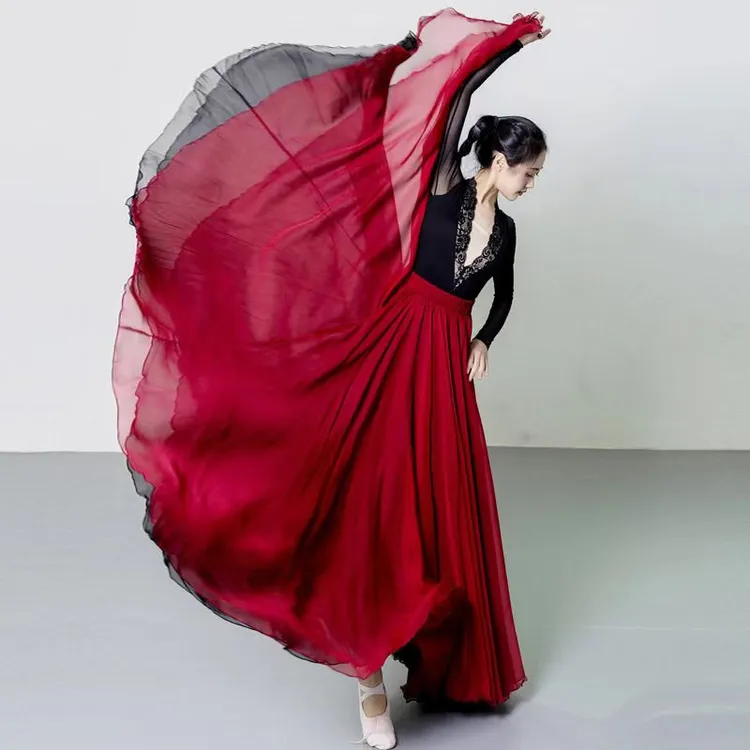 老师同款 720度超大摆裙双层酒红黑色撞色两面穿飘逸半身裙
