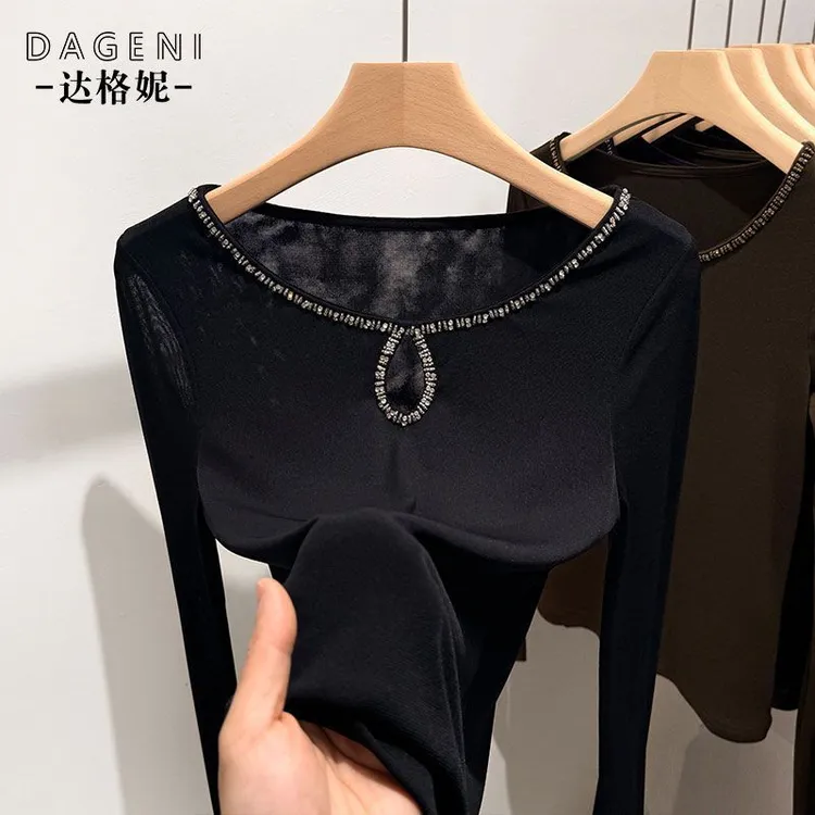 黑色设计感镂空网纱打底衫女春秋季内搭薄款长袖t恤中年减龄上衣