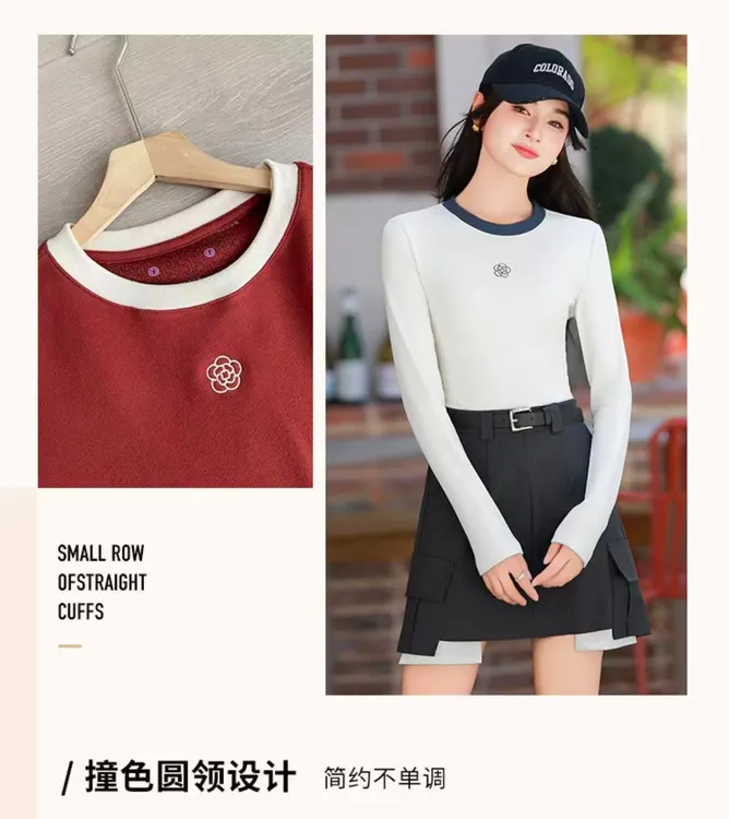 羊绒蛋白石墨烯撞色圆领山茶花女款打底衫.1332