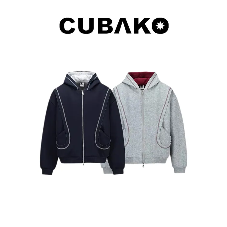 美式复古解构明线撞色连帽拉链卫衣cleanfit男女廓形开衫外套潮