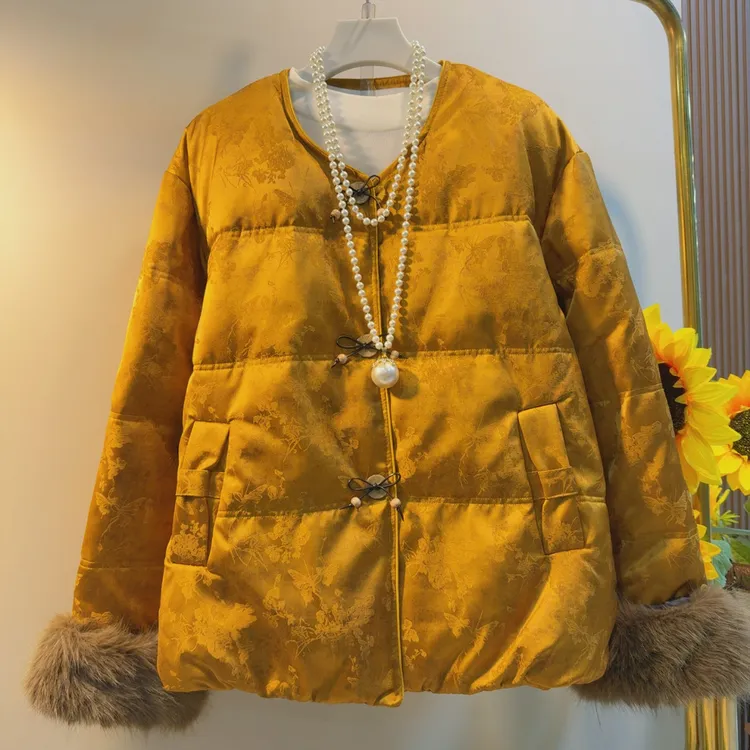 加大码女装毛毛袖口暗花国风棉服胖妹妹新中式冬季款洋气复古外套