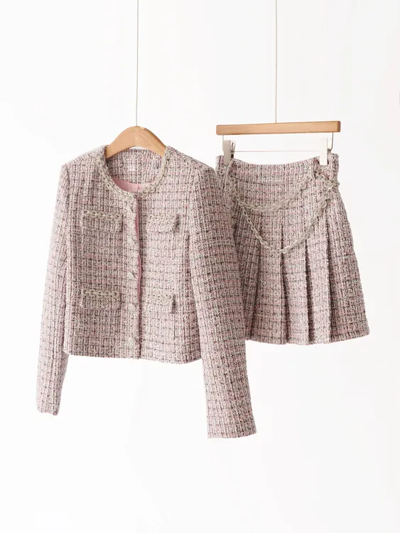 【YS11787】25秋冬新款红粉混色钻链小香风粗花呢外套半身裙套装