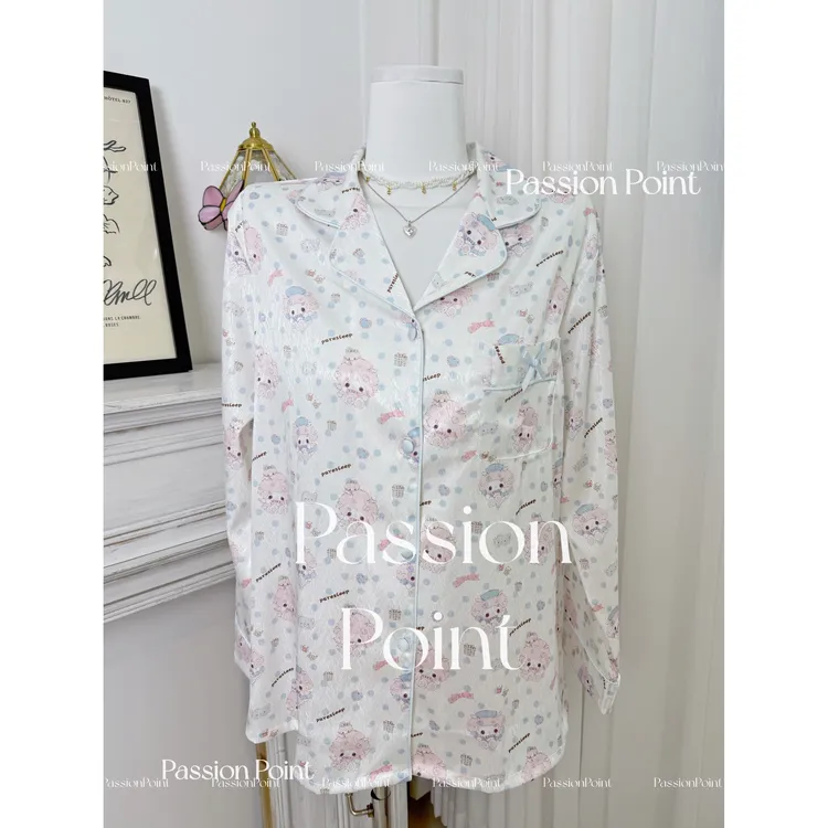 PassionPoint人字纹亮闪闪小羊卡通浅蓝美蒂蒂长袖长裤少女睡衣