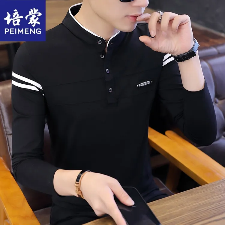 培蒙立领长袖恤男2025秋季新款韩版修身打底衫春秋薄款潮流男装上