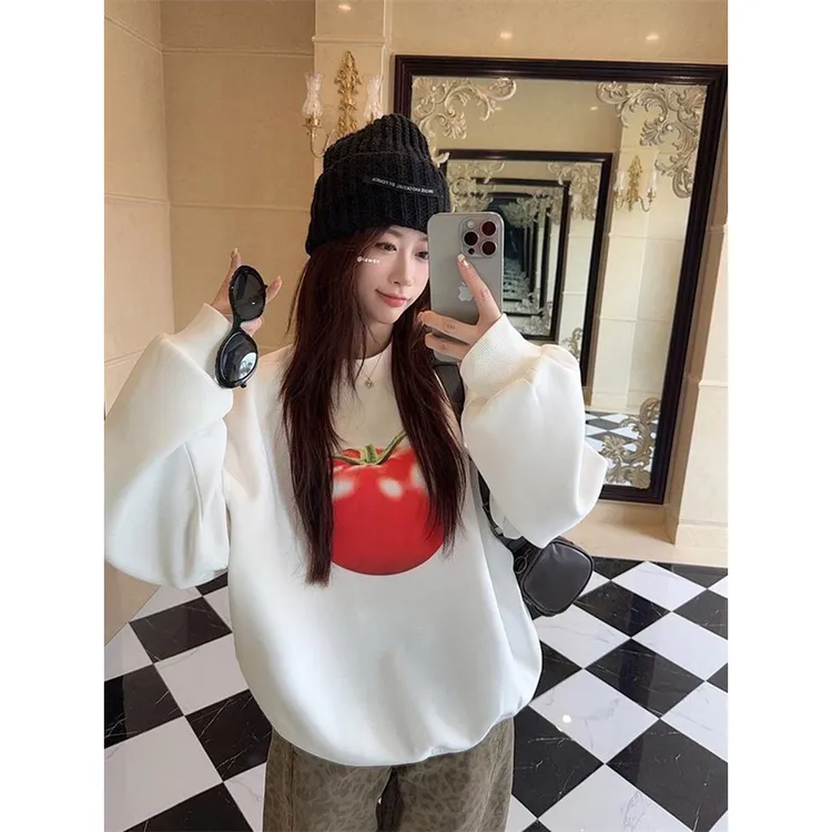 【ZHAP】重磅银狐绒新款2025秋冬款圆领卫衣女白色春秋款爆款加绒潮
