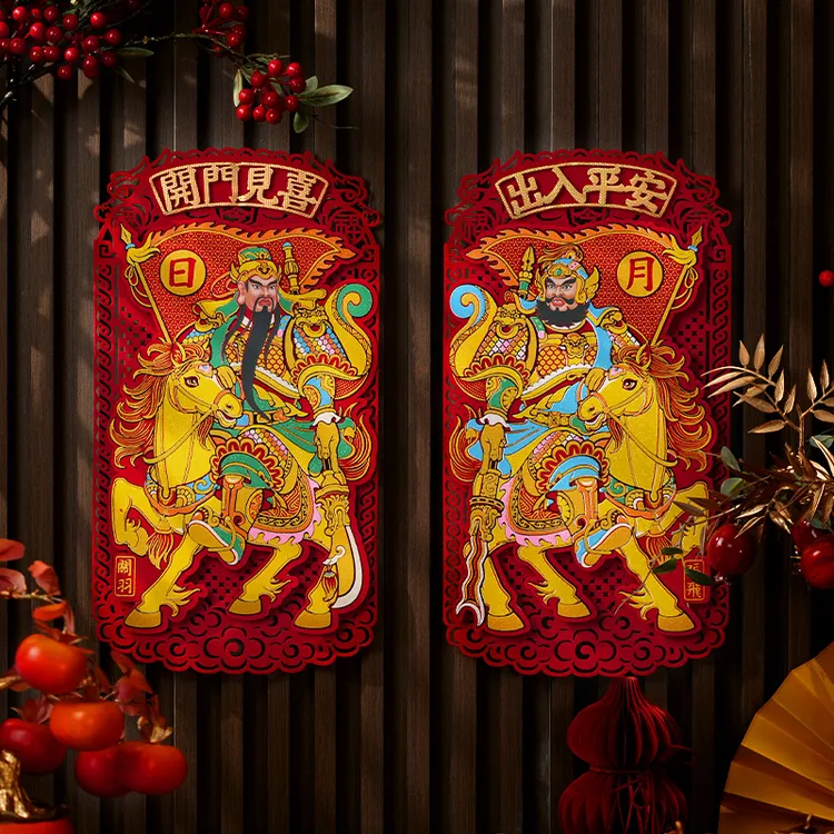 2026新年毛毡立体剪纸门神关羽张飞马年福字秦伟尉背胶大门贴纸