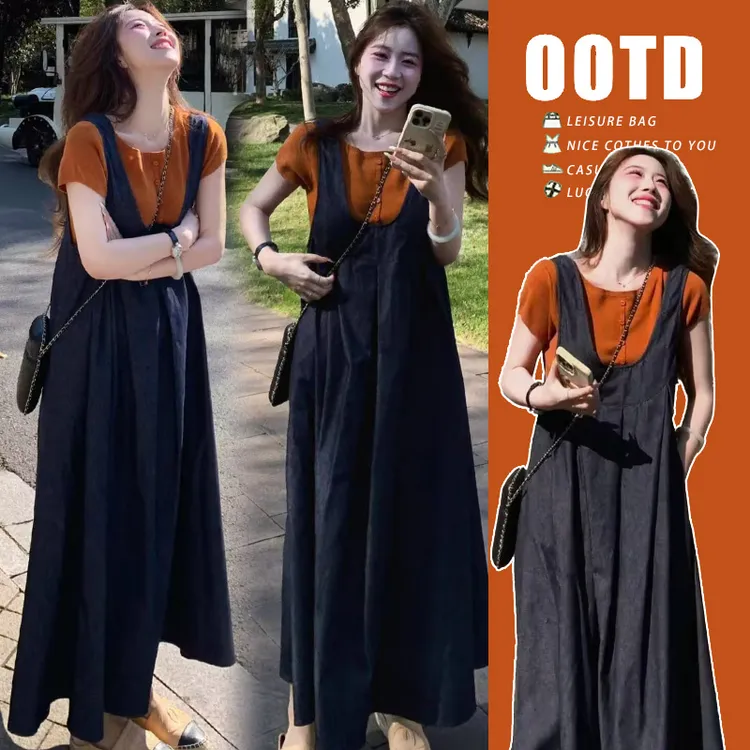 时髦孕妇装新款短袖整套气质女神范盐系轻熟背带裙高级感裙子套装