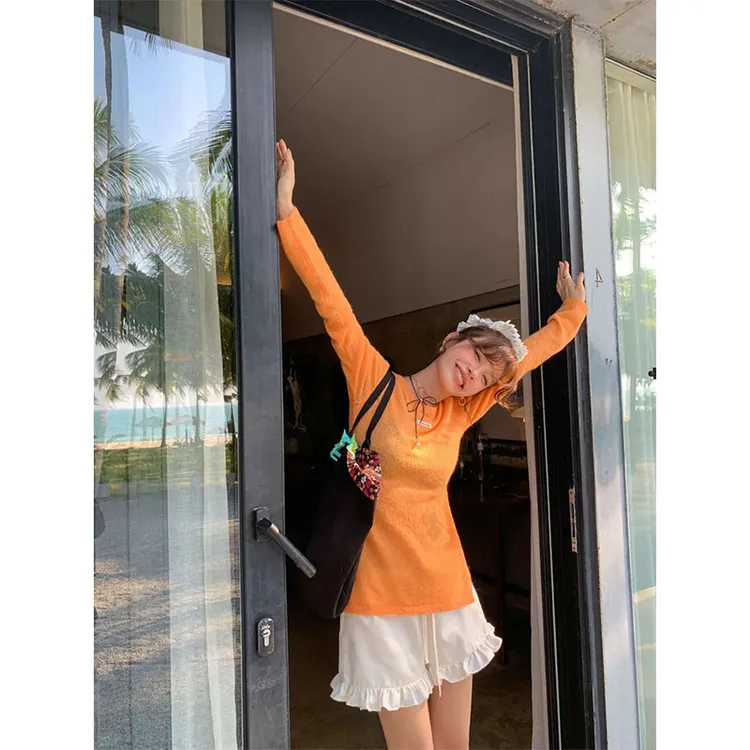 早春甜美风简约时尚圆领透气长袖上衣高腰显瘦百搭木耳边休闲短裤