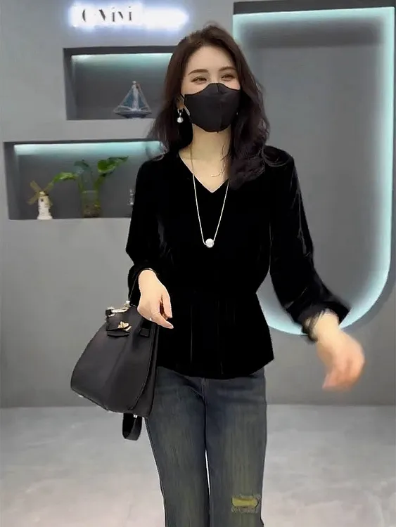 收腰上衣领衫高端v打底长袖欧洲站丝绒薄款显瘦新款金丝绒上衣
