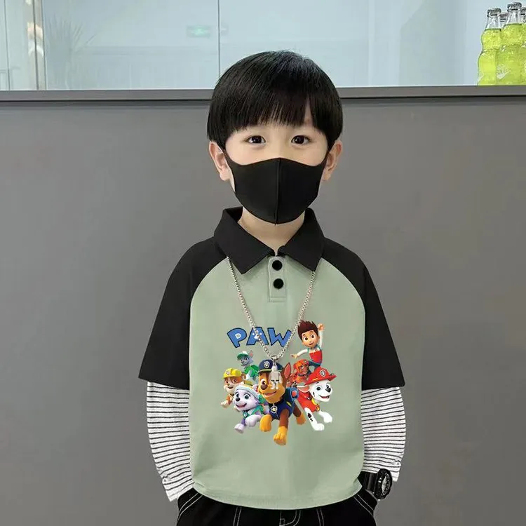 100%纯棉拼接长袖T恤男童polo衫春秋季新款小孩儿童卡通帅气上衣T
