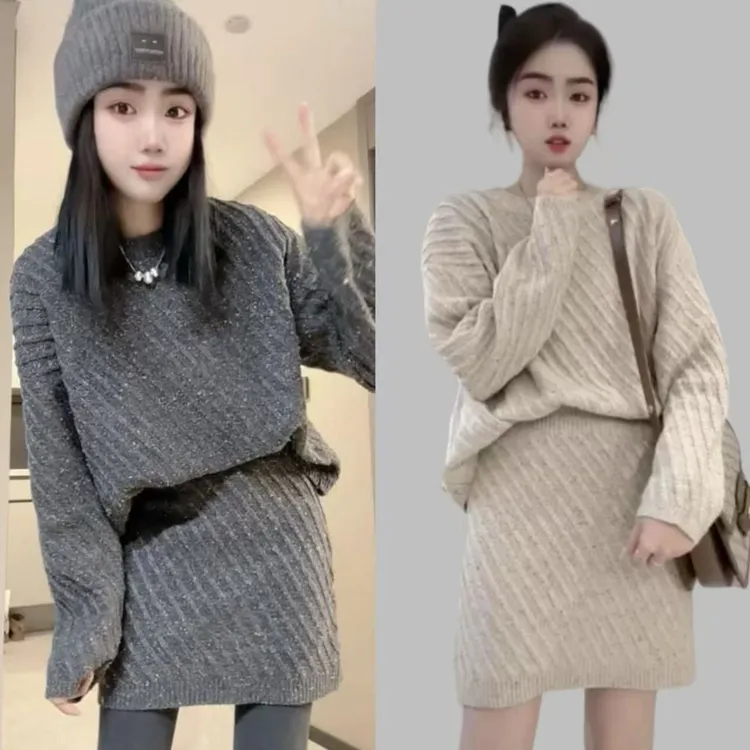 韩国东大门时尚慵懒风宽松斜纹毛衣+松紧腰羊毛短裙套装