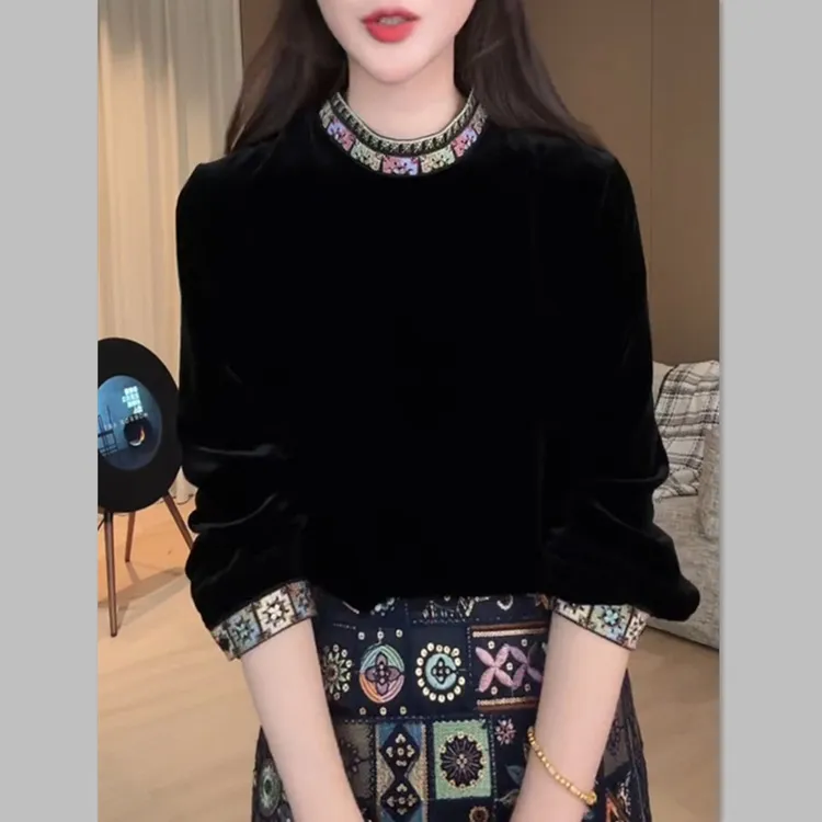 2025秋装新中式国风黑色丝绒刺绣半高领衬衫女士洋气唐装打底上衣