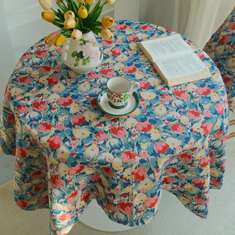 美式复古餐桌布茶几布长方形圆桌布家用台布涤棉提花布艺花朵桌布