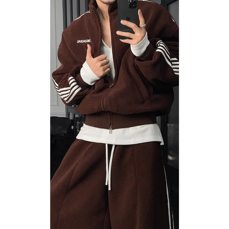 龙刀刀冬季新品美式复古运动条纹摇粒绒百搭立领外套宽松长裤套装